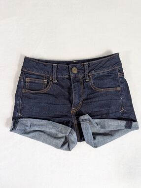 ❤️ 2013 American Eagle Dark Wash Denim Cuffed Shorts Super Stretch Size 0